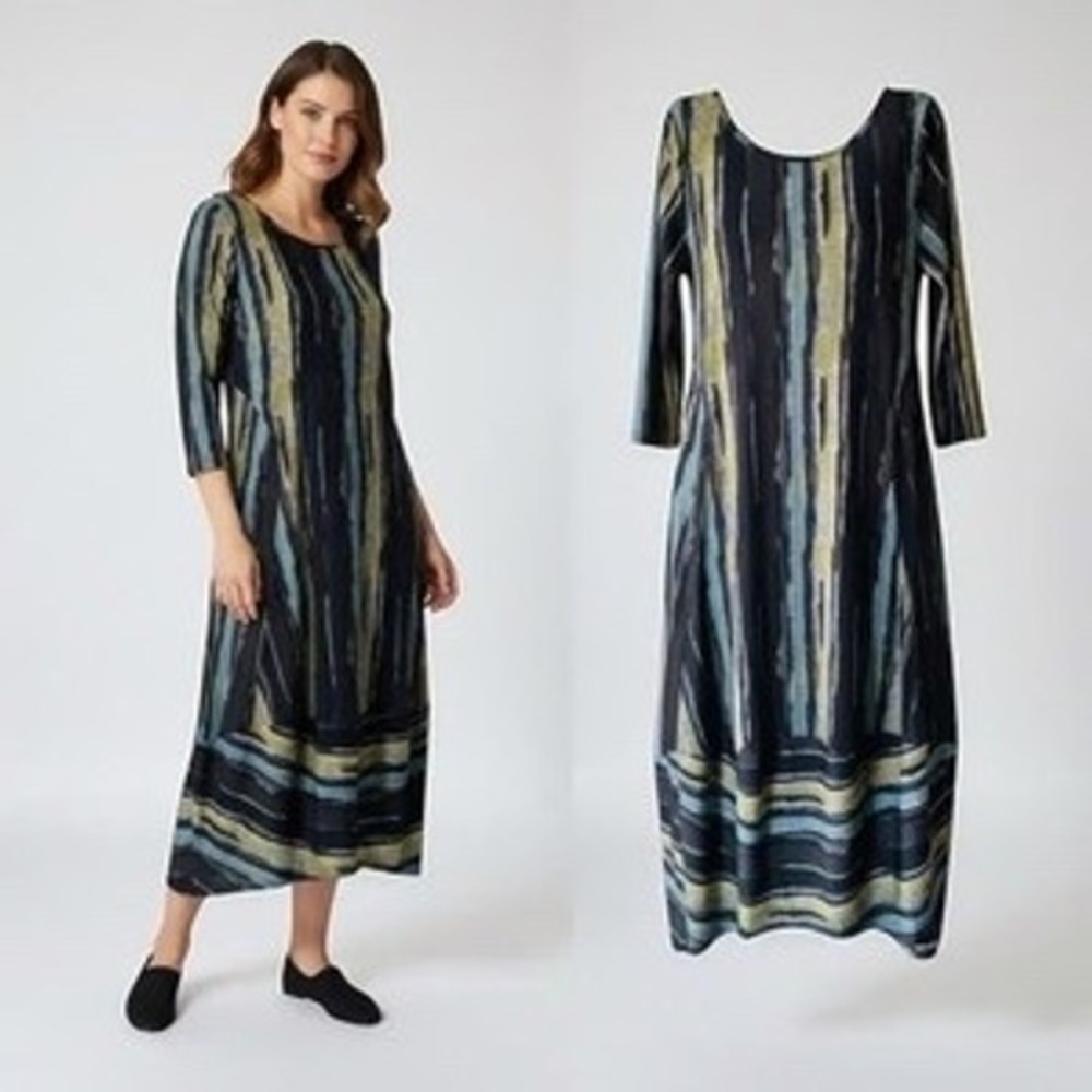 Kozan Abstract Stripe Tulip Hem Midi Dress Black Blue Chartreuse XS Lagenlook